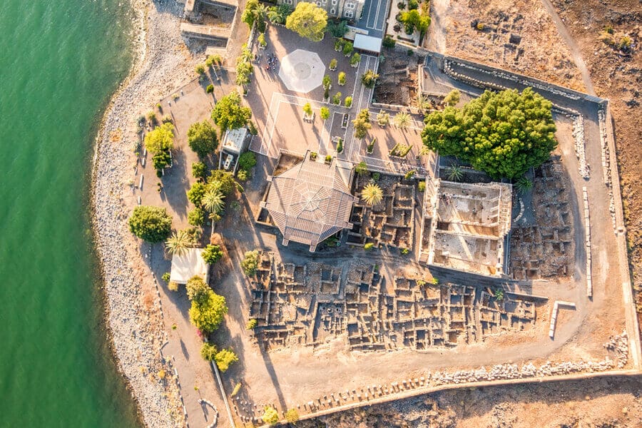 Aerial view of Capernaum, Town of Jesus, Galilee, Israel.