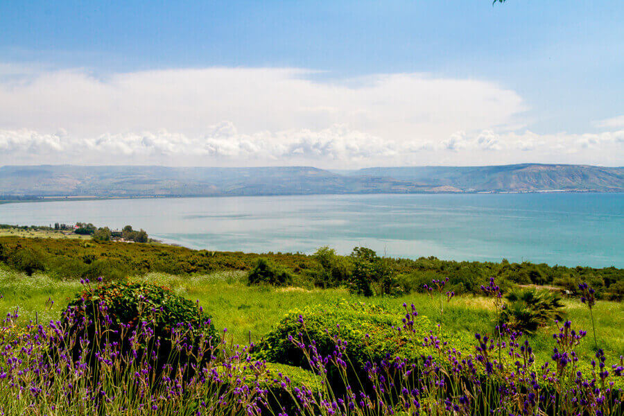 Panoramic View of Sea of Galilee from the Mount of Beatitudes, Israel.