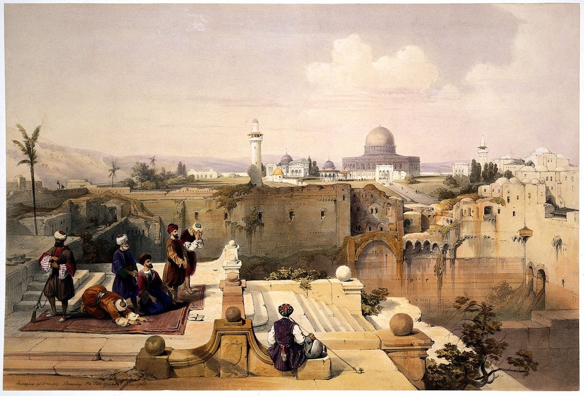 The Dome of the Rock in a nineteenth-century colored lithograph by Louis Haghe after David The Dome of the Rock in a nineteenth-century colored lithograph by Louis Haghe after David Roberts. The shrine was founded in the Early Islamic period; this view shows Jerusalem many centuries later.