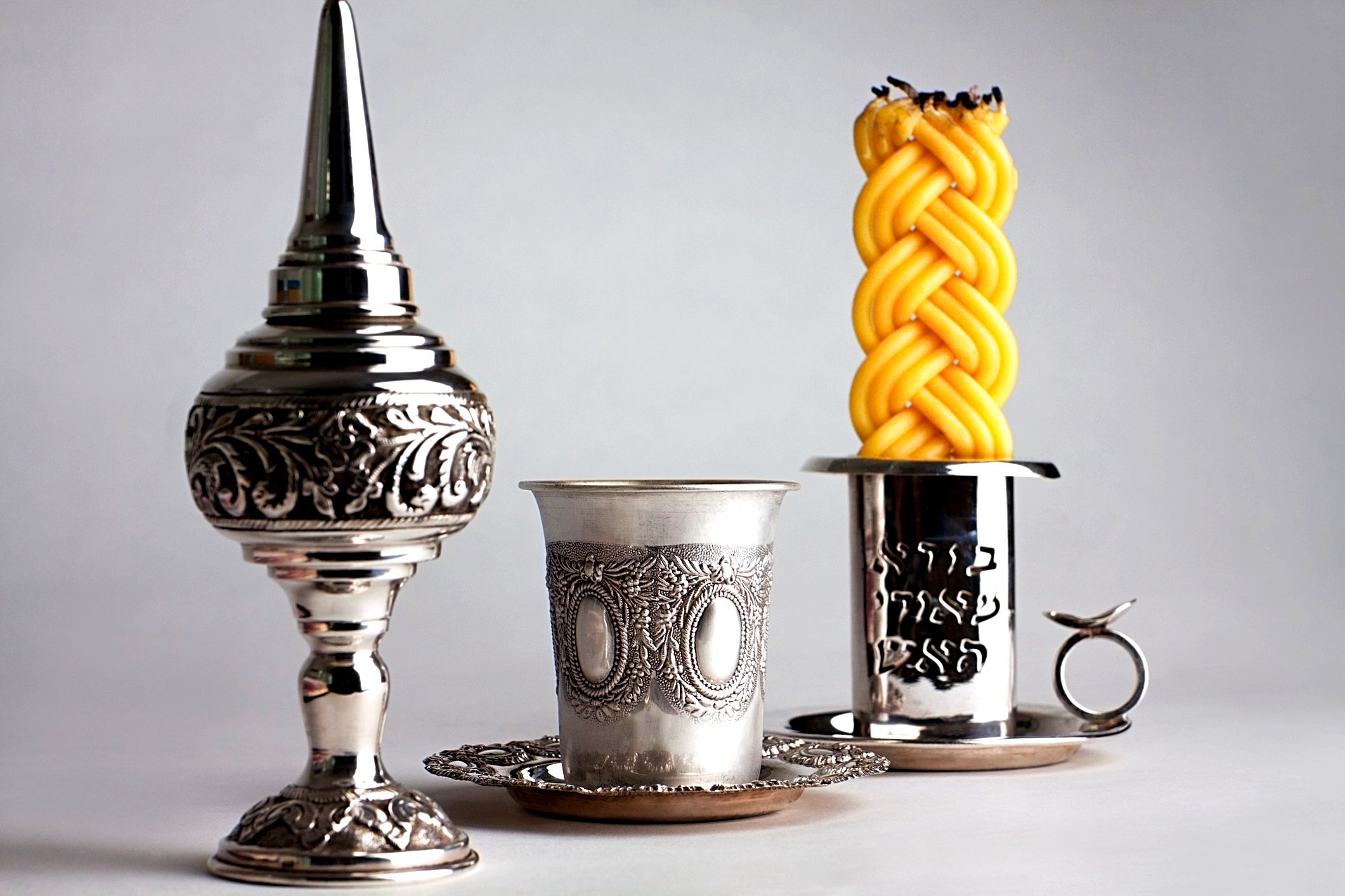 Havdalah set with kiddush cup, spice cup, and candle holder