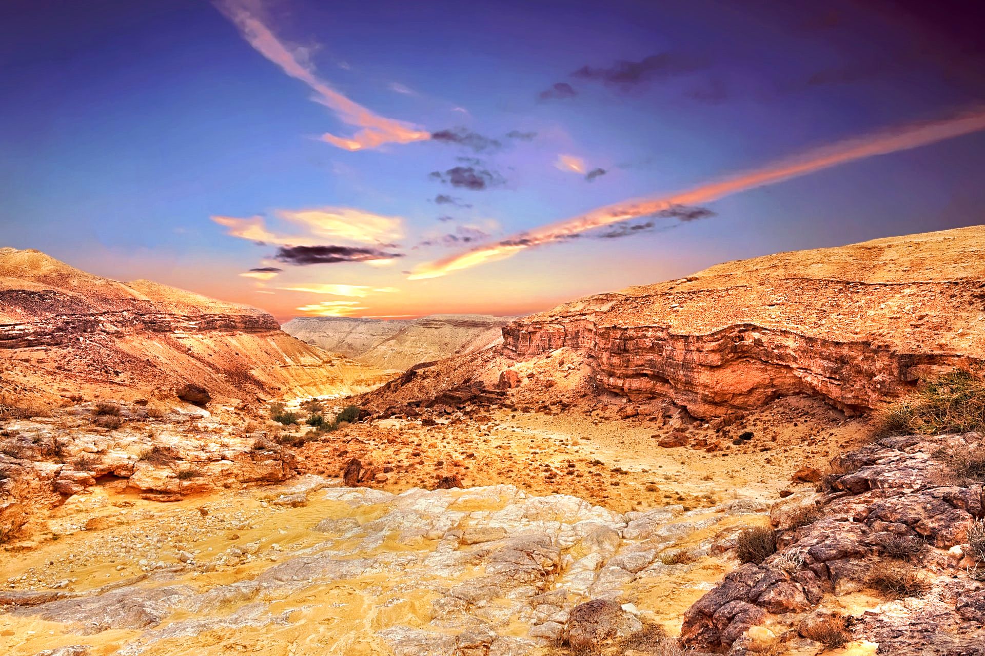 A sunset over Ein Yorkeam Wadi. The Negev Desert, Israel