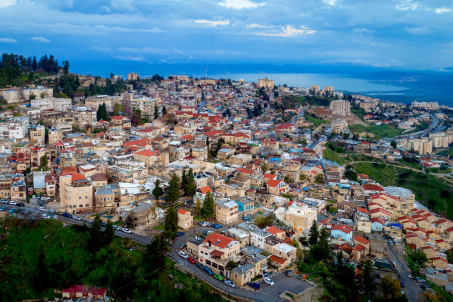 View of Safed against the backdrop of the Sea of Galilee