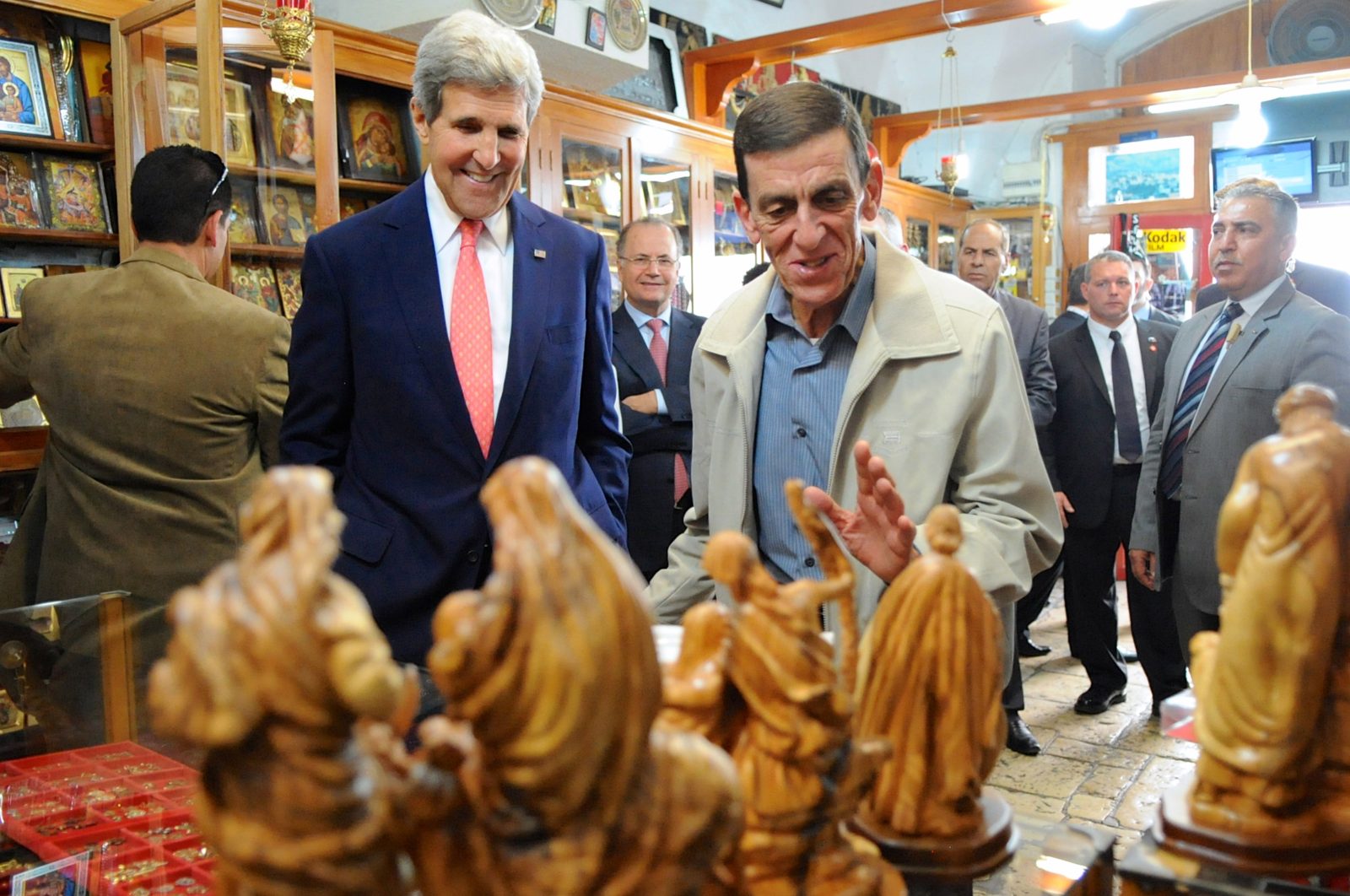 Olive wood carvings at the Tabash Nativity Store in Bethlehem during John Kerry’s visit, November 2013. Olive wood carvings at the Tabash Nativity Store in Bethlehem during John Kerry’s visit, November 2013.