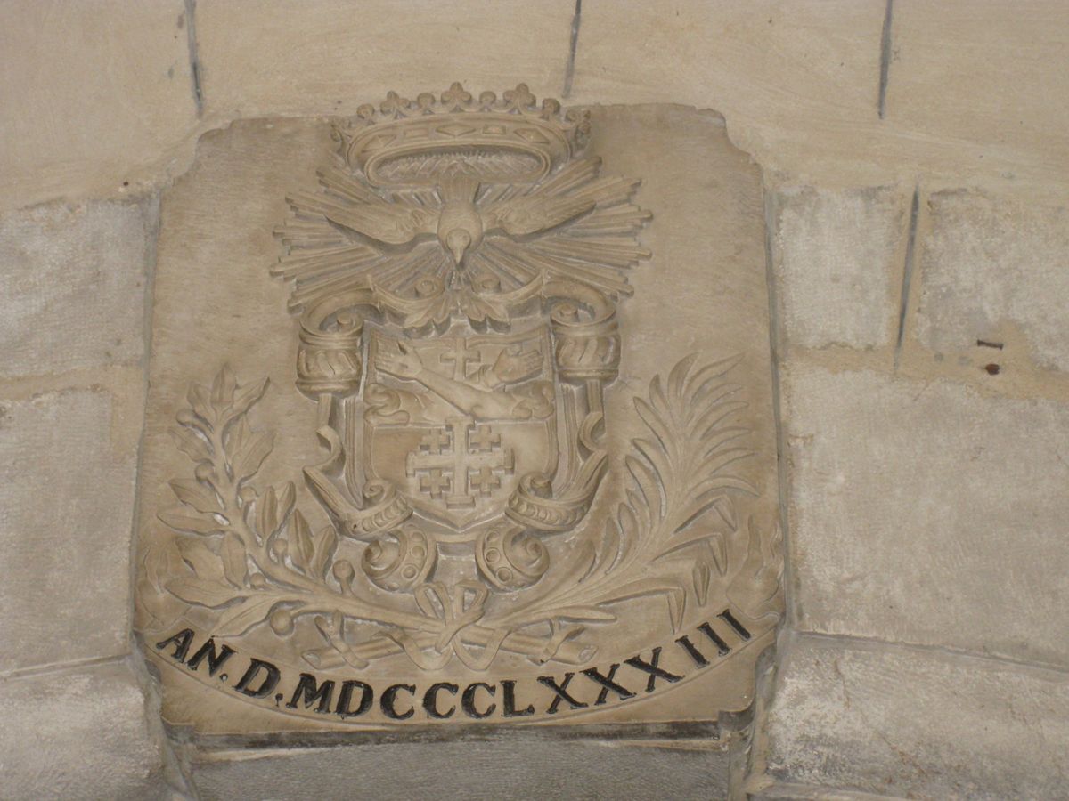 A Franciscan emblem in the San Salvatore (St. Saviour) compound on St. Francis Street, Jerusalem. The five-cross motif appears within the broader emblem.