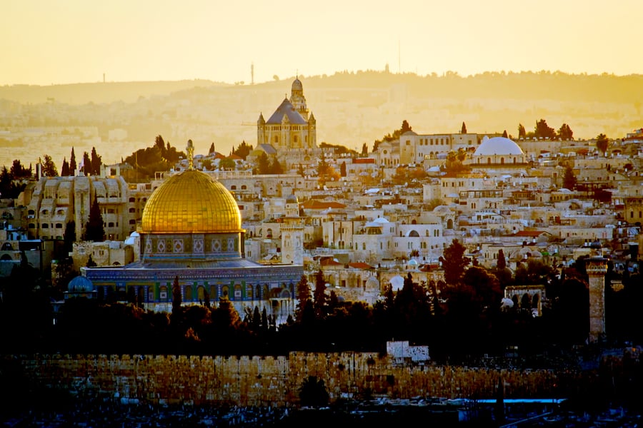 Dome of the Rock and Mount Zion at sunrise, Jerusalem, Israel