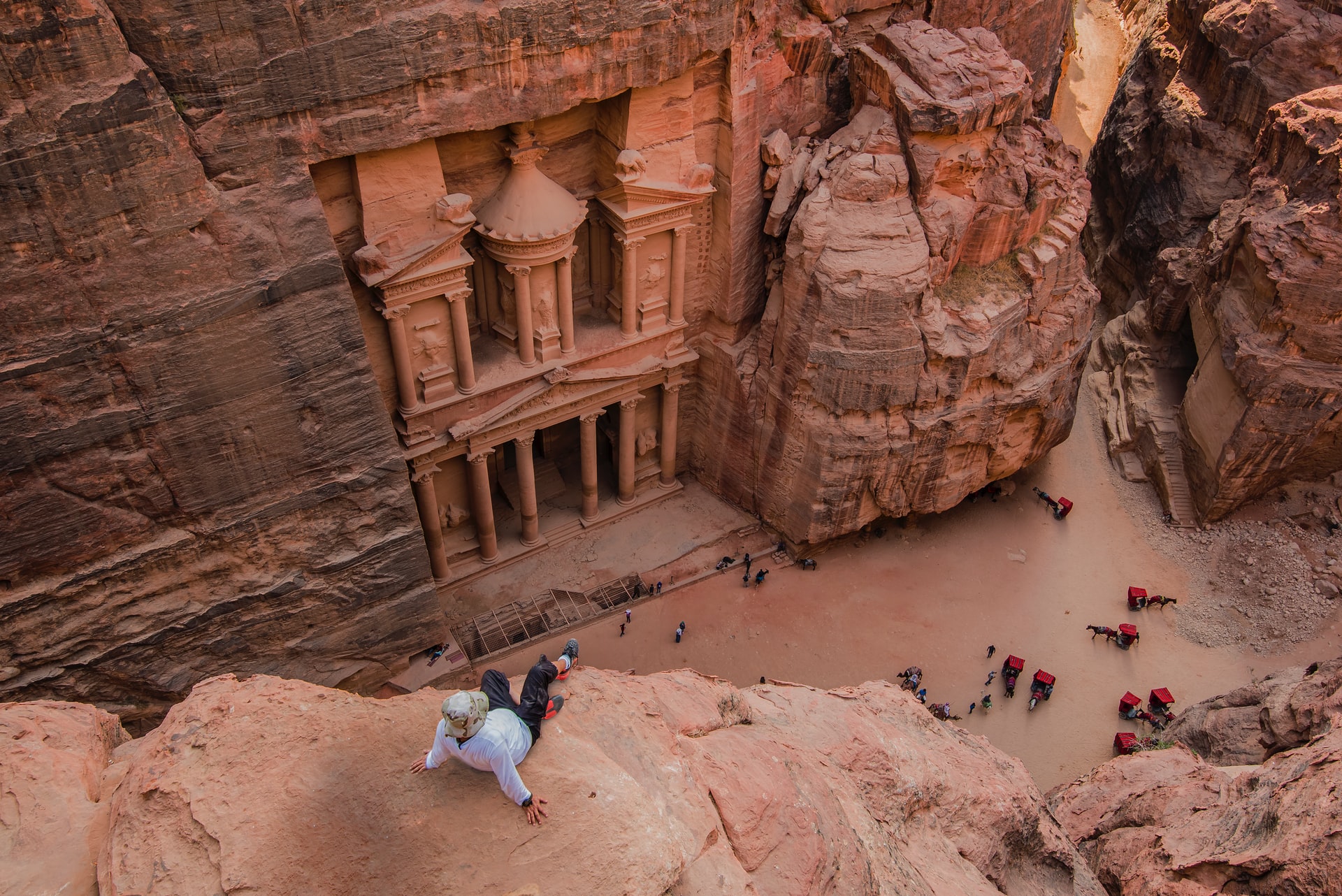 A tourist at the Treasury in Petra, Jordan