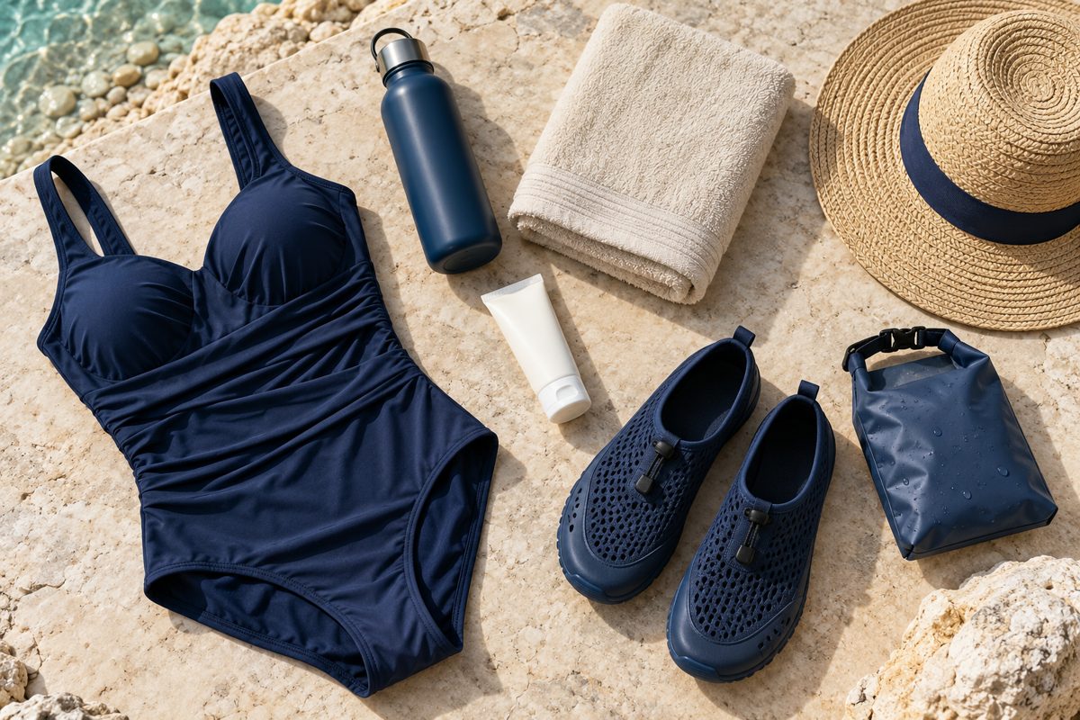 Swimsuit, water shoes, towel, sun hat, water bottle, sunscreen and a dry bag for a Dead Sea visit
