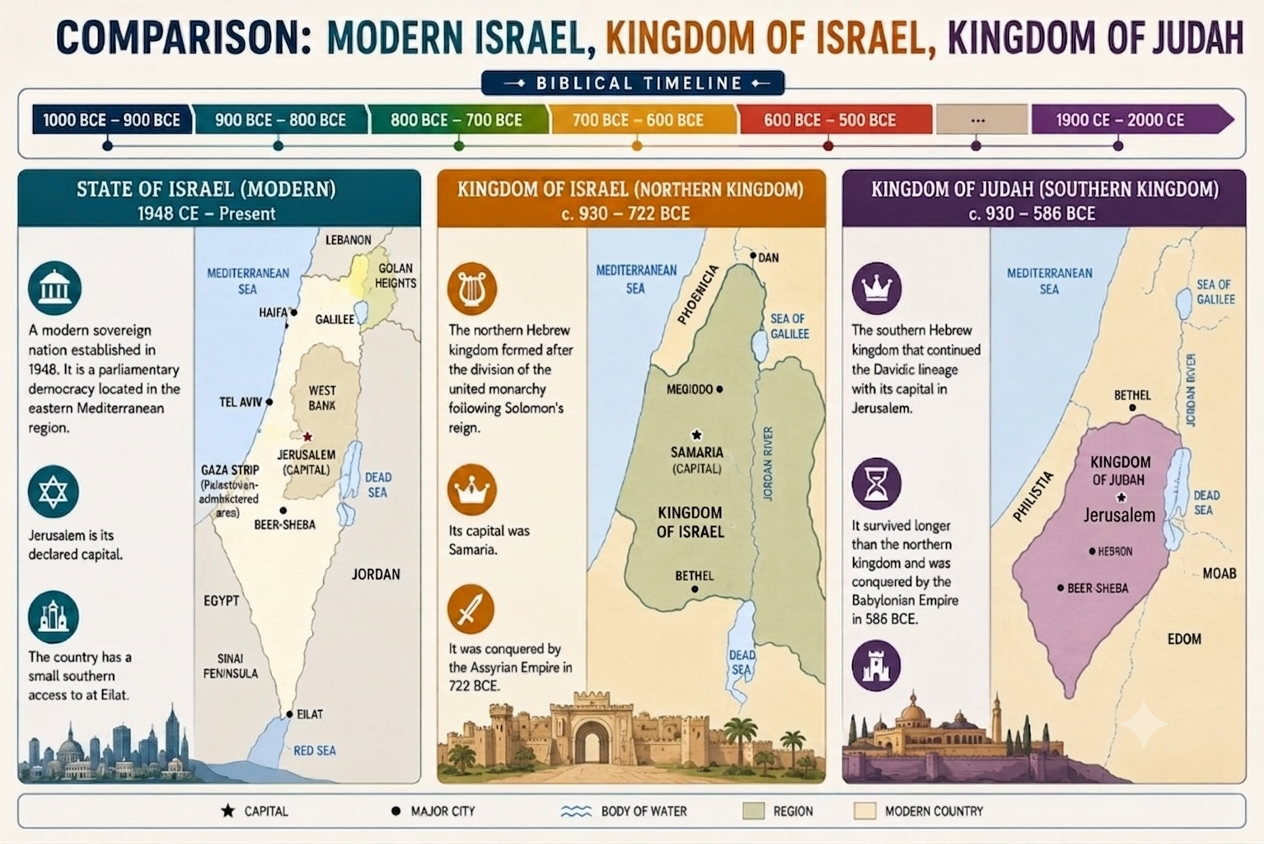 Comparison map of Modern Israel, the biblical Kingdom of Israel, and the Kingdom of Judah