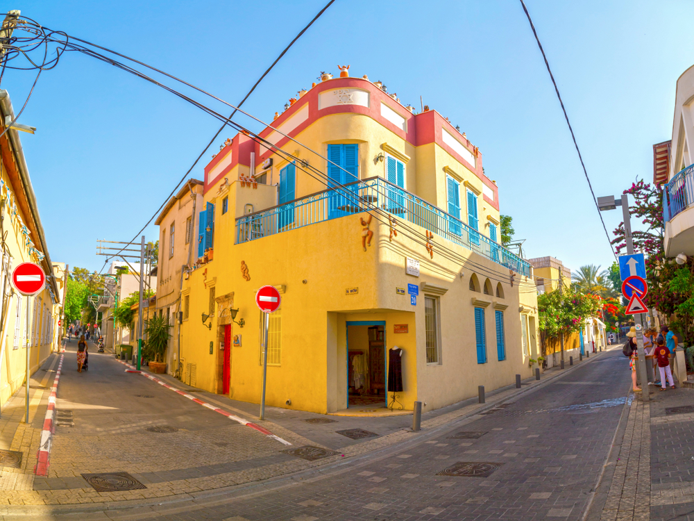 Building exteriors and streets in Neve Tzedek district of Tel Aviv