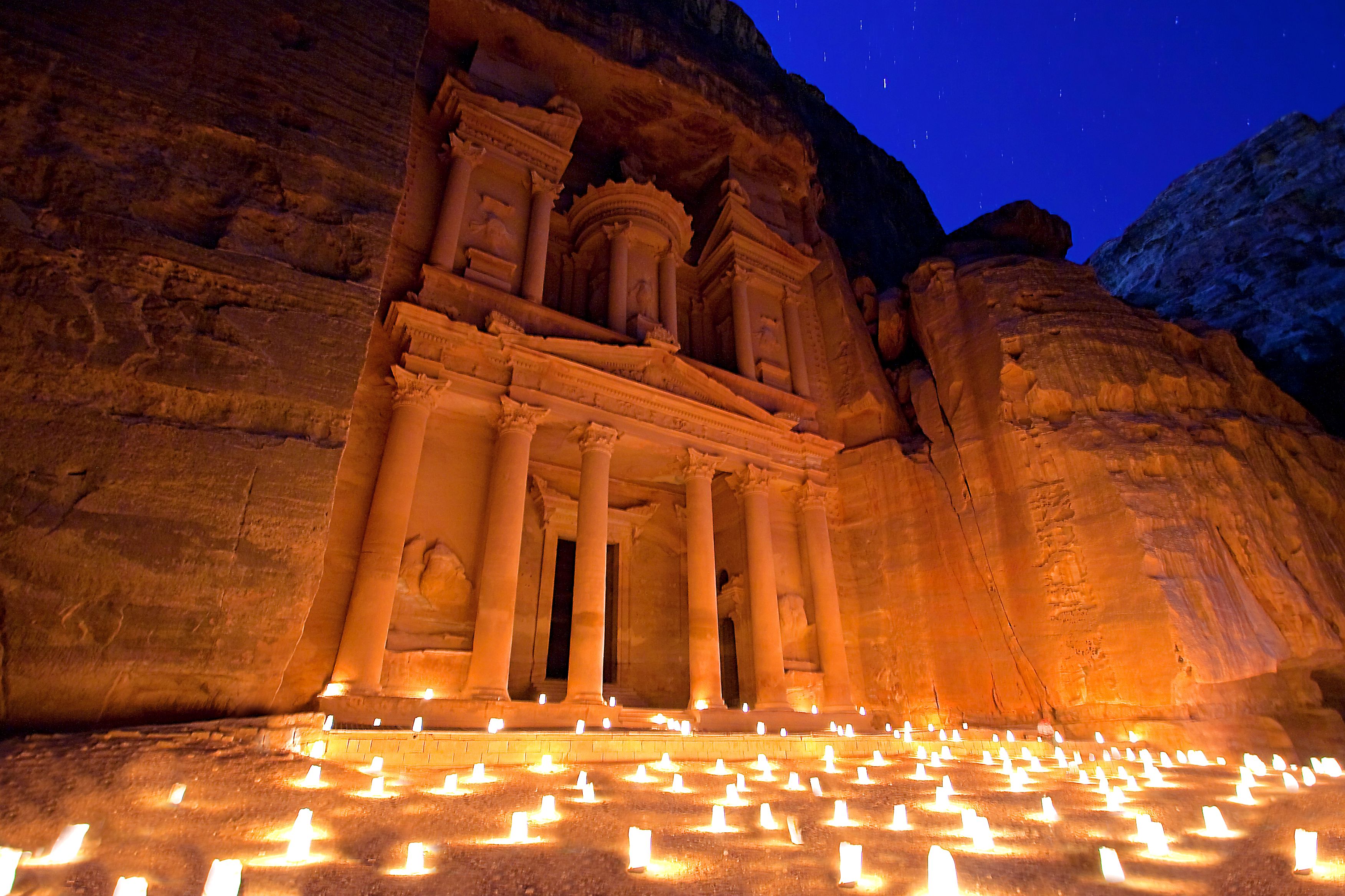 How to travel to Petra from Israel- Al-Khazneh, the Treasury temple at night, Petra