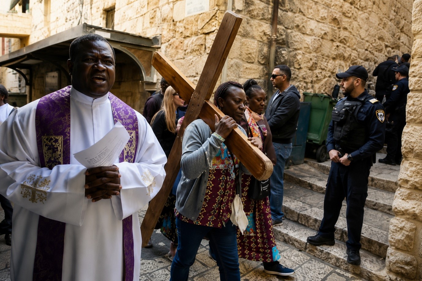 Christian pilgrims carry a wooden cross along the Via Dolorosa in the Old City of Jerusalem, retracing the final steps of Jesus.