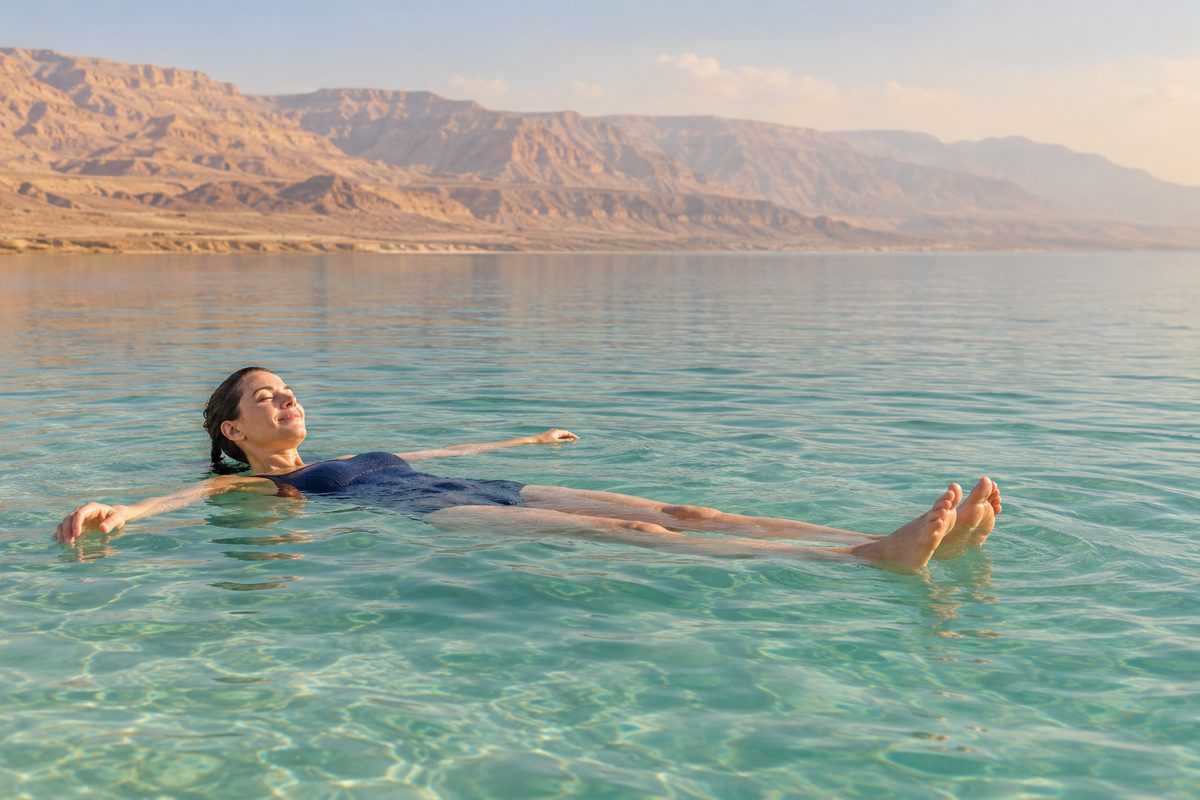 A woman floating on her back in the Dead Sea with desert mountains behind her