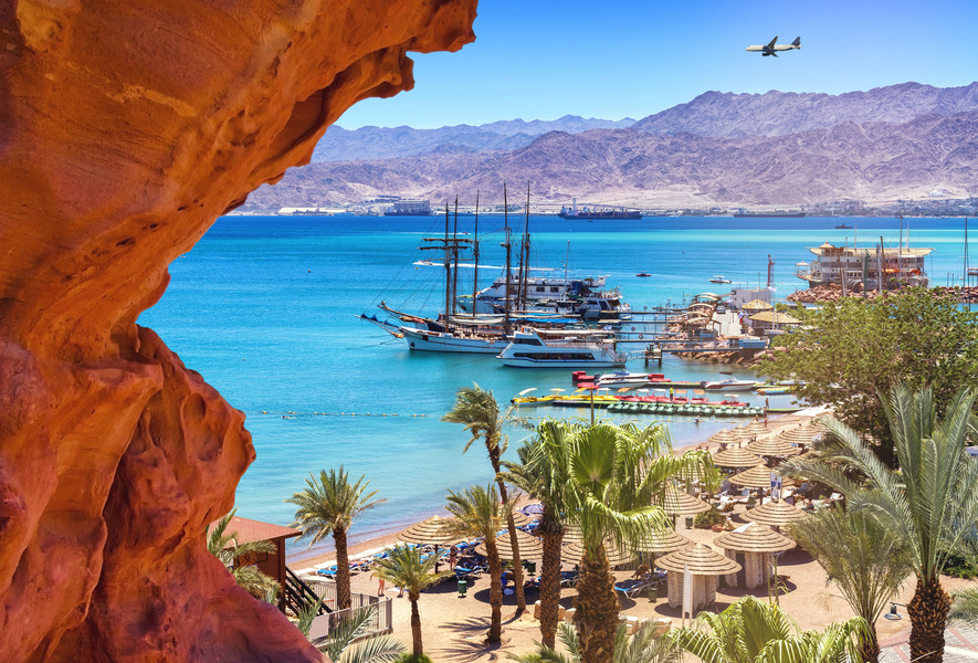 Eilat bay with a sailing ship