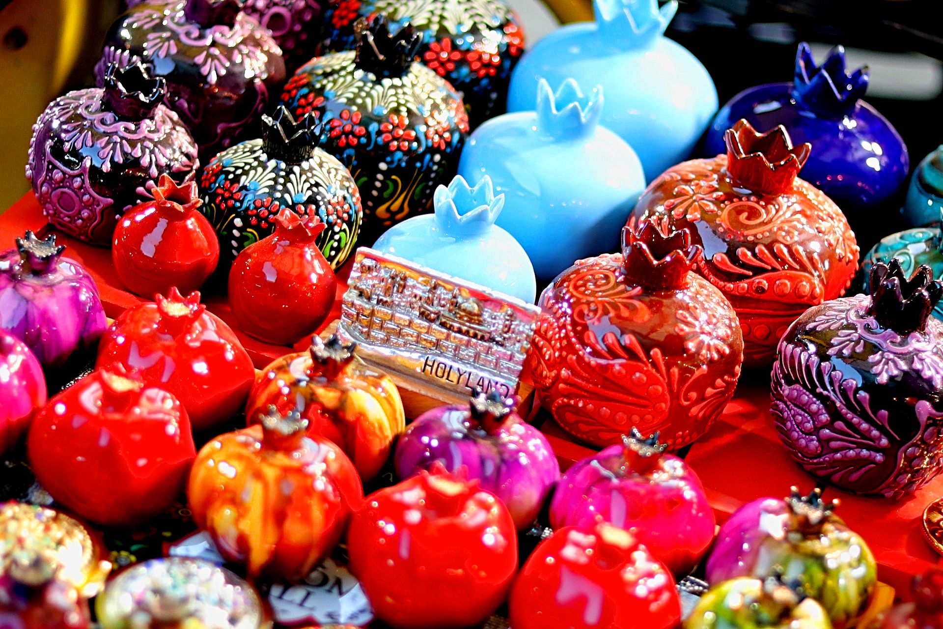 Сloseup of ceramic pomegranates in the Jerusalem market