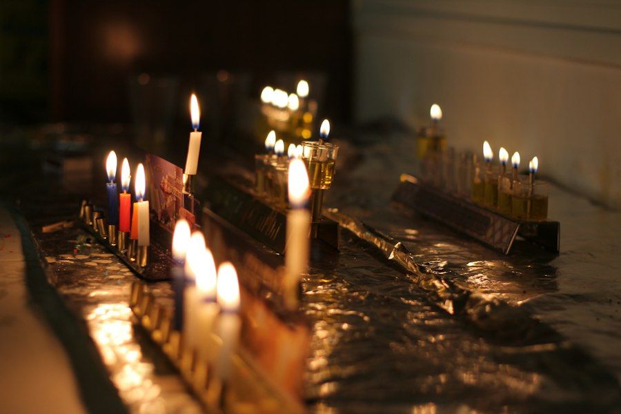A hanukkiah with lit Hanukkah candles