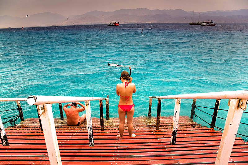 People getting ready for snorkelling at Eilat Coral Beach, Israel