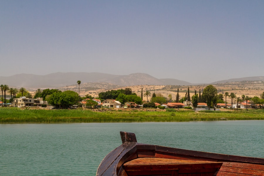 View of the Sea of Galilee from the deck of wooden boat near the Ginosar, Israel