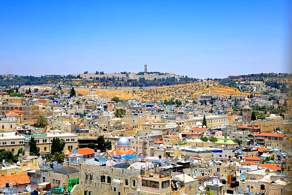 Rooftop view of Jerusalem with Augusta Victoria Hospital in the background