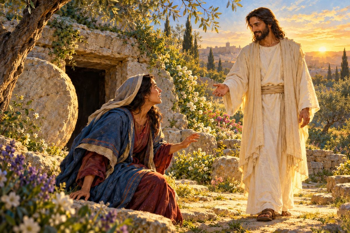 AI-generated artistic illustration of the risen Jesus meeting Mary Magdalene beside a tomb