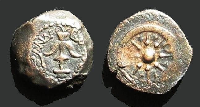 Both sides of a coin of Alexander Jannaeus, showing an anchor and a star. Coins of this general type are often associated with the popular name “widow’s mite”; no surviving coin can be identified as one of the widow’s own two coins.