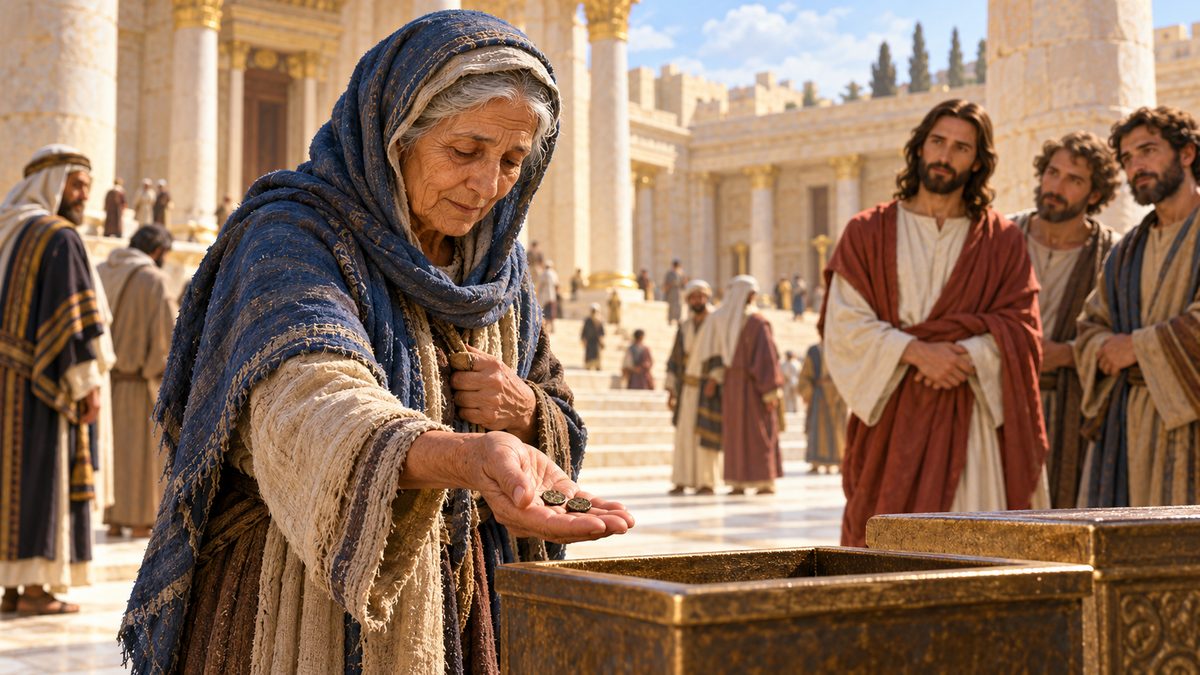 An imagined scene of the widow offering her two small coins at Jerusalem’s Temple. AI-generated illustration created for Bein Harim Tours; not a historical photograph or an archaeological reconstruction.