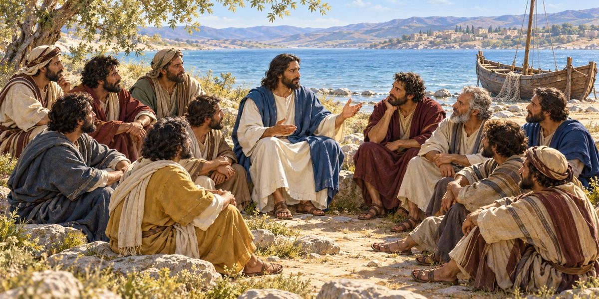 Jesus teaching disciples beside the Sea of Galilee AI-generated illustration of Jesus teaching a group of disciples beside the Sea of Galilee